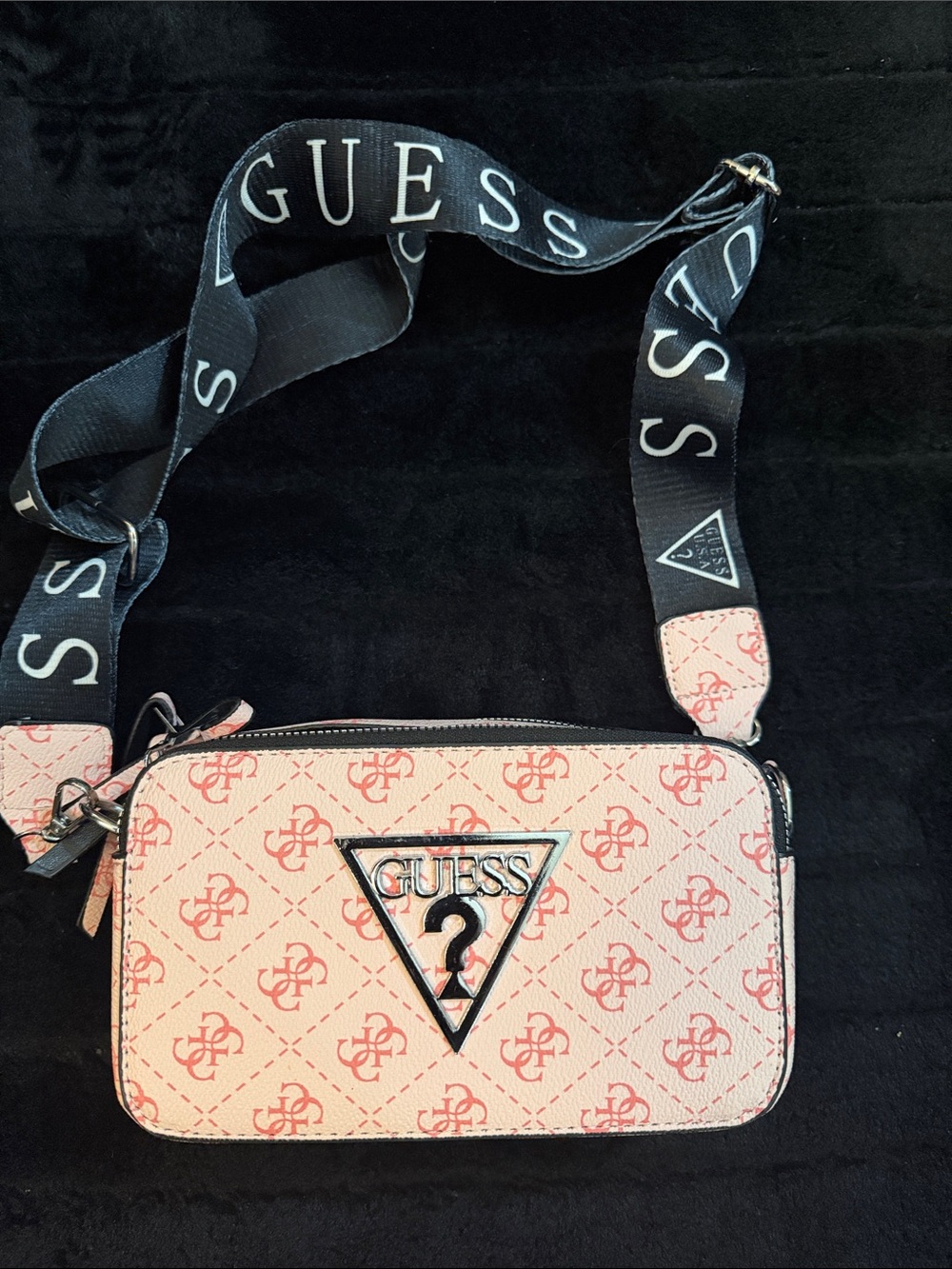 GUESS Pink Logo Pattern Crossbody with Branded Black Strap